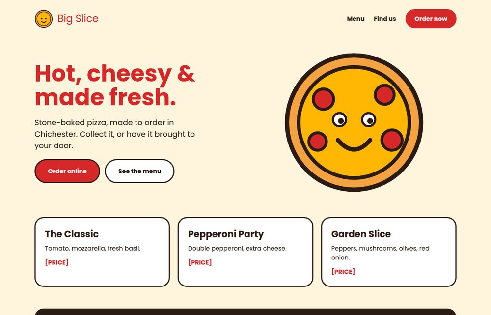 Sample website for a pizza shop with a cartoon pizza logo